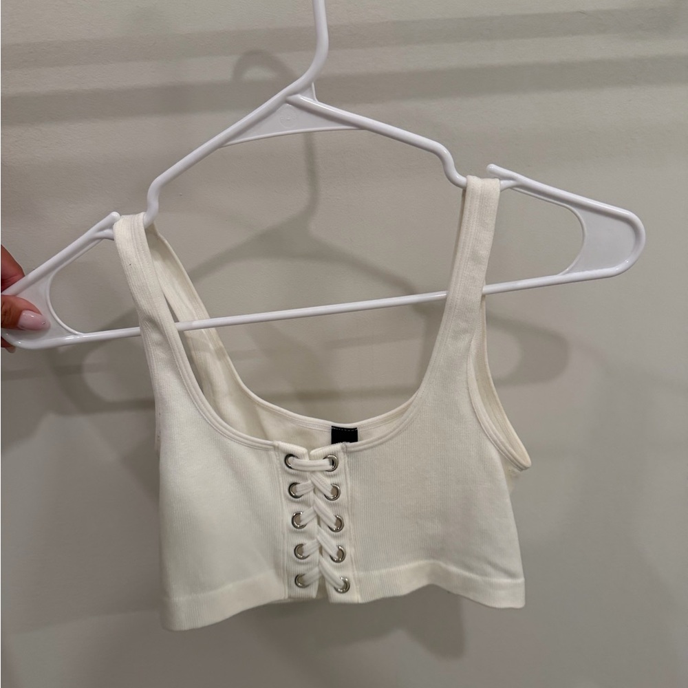 Windsor Cream Lace-Up Ribbed Crop Top